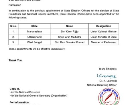 BJP ने तीन राज्यों में प्रदेश अध्यक्ष पद के चुनाव के लिए चुनाव अधिकारी घोषित किए !